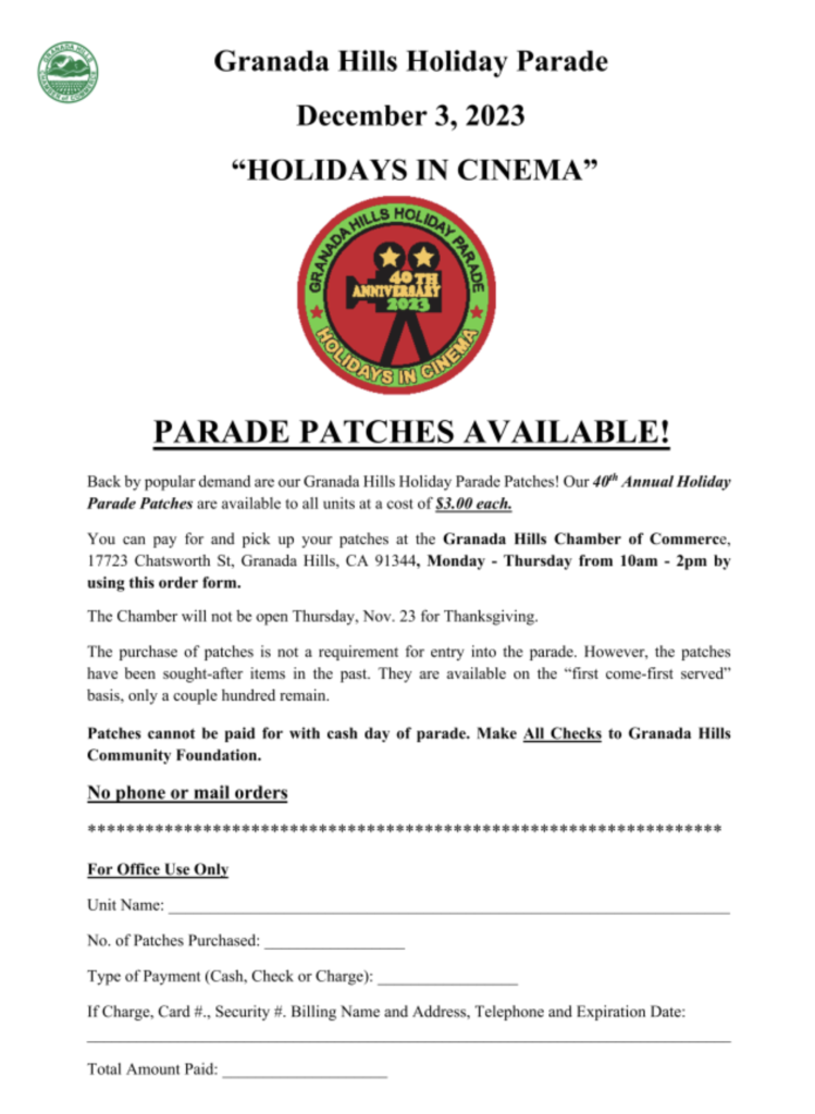2023 Patch Order Form Granada Hills Holiday Parade